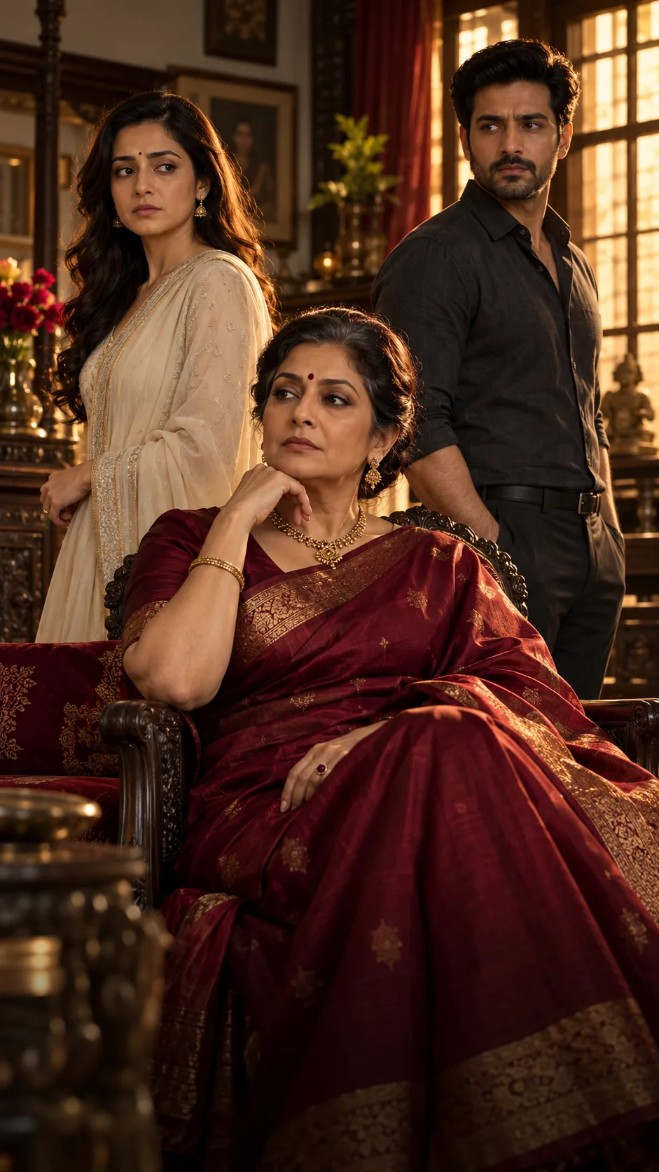 An older woman in a maroon silk saree sits in an ornate chair in a warm ancestral home while a younger woman and a man stand behind her, looking away.