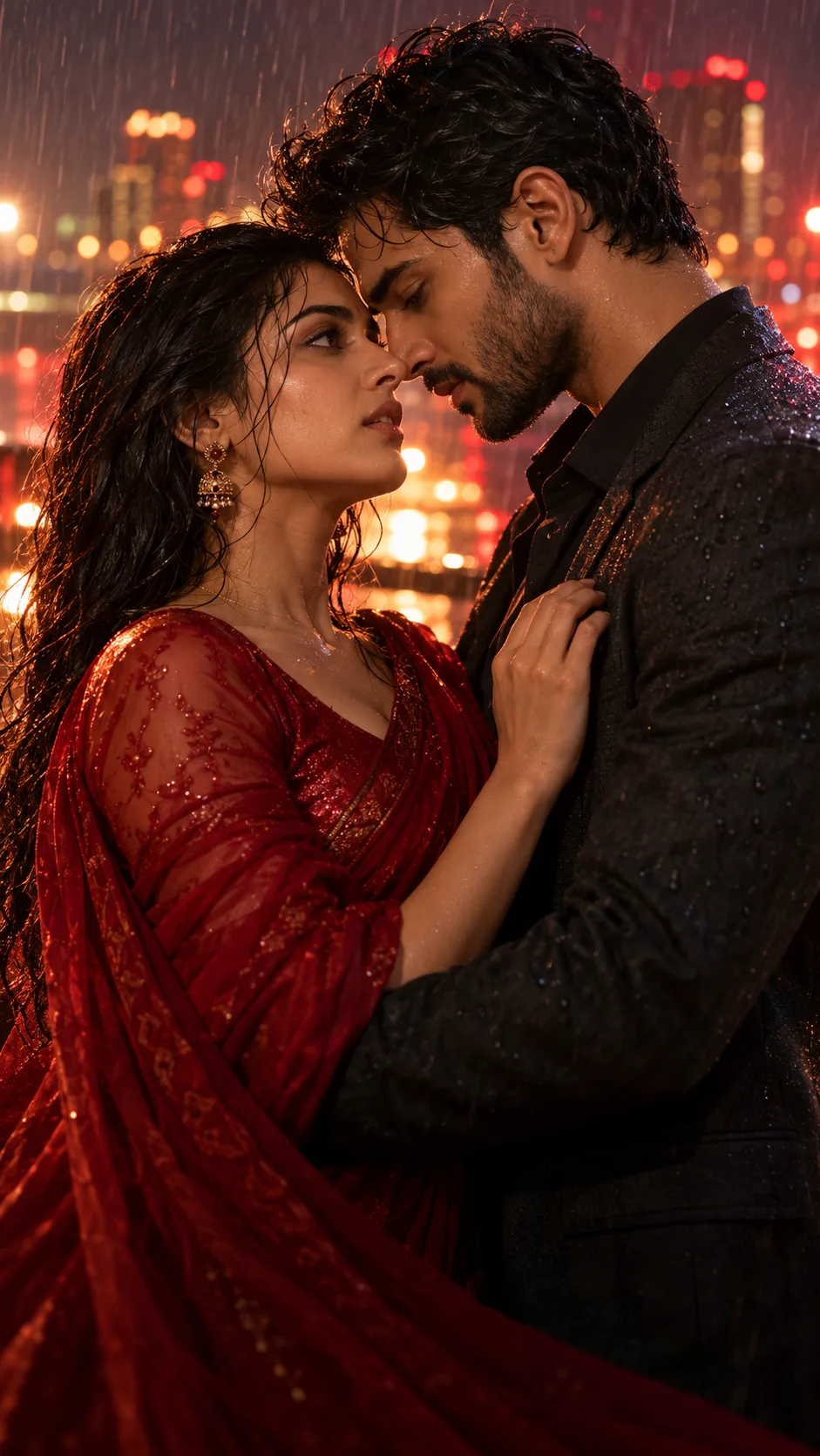 A couple embracing in the rain at night, he in a dark jacket and she in a deep red saree, city lights glowing behind them.