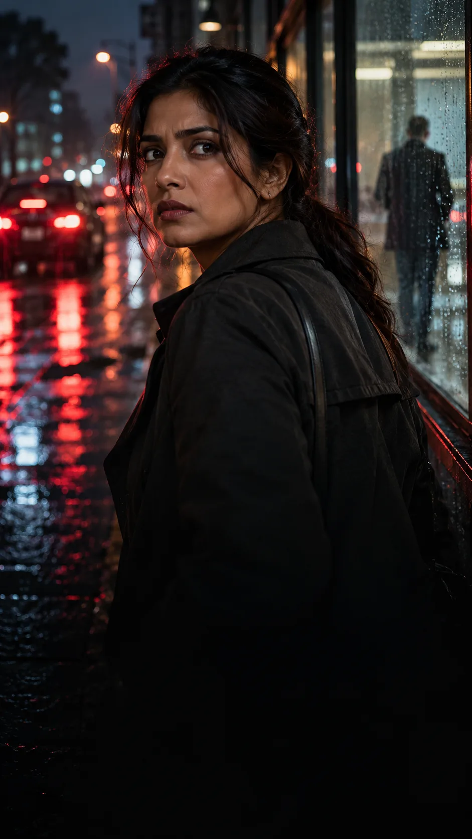 A woman in a dark coat glances over her shoulder on a rainy city street at night, red tail-lights reflecting on wet pavement.